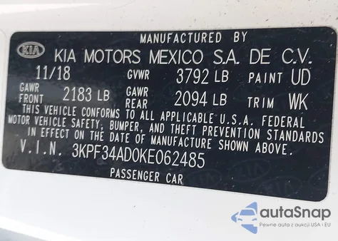 2019 Kia Forte S from USA, damaged, VIN 3KPF34AD0KE062485
